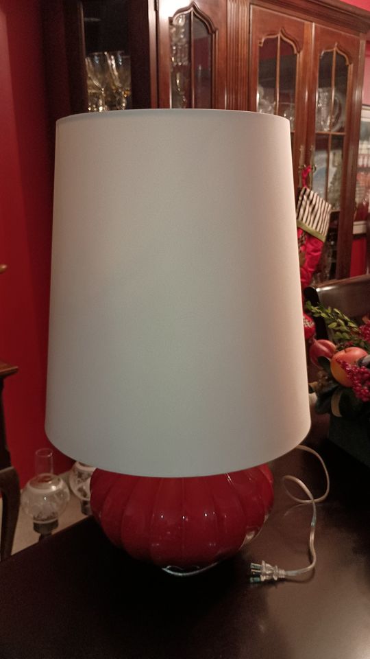 Mid Century Modern Accent Table Lamp Red Ceramic Single Fabric Shade