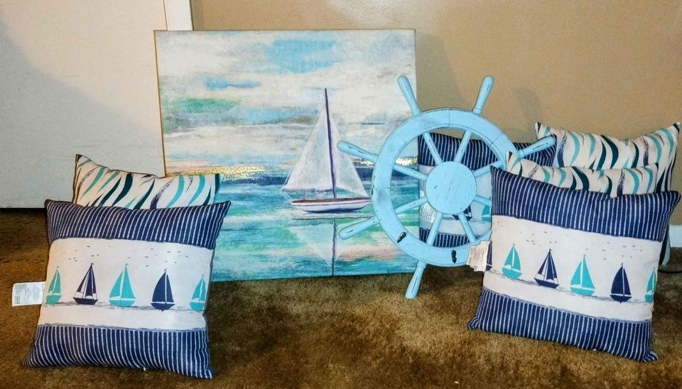 (SOLD) Nautical Decor - Art, Captains Wheel & 6 Pillows