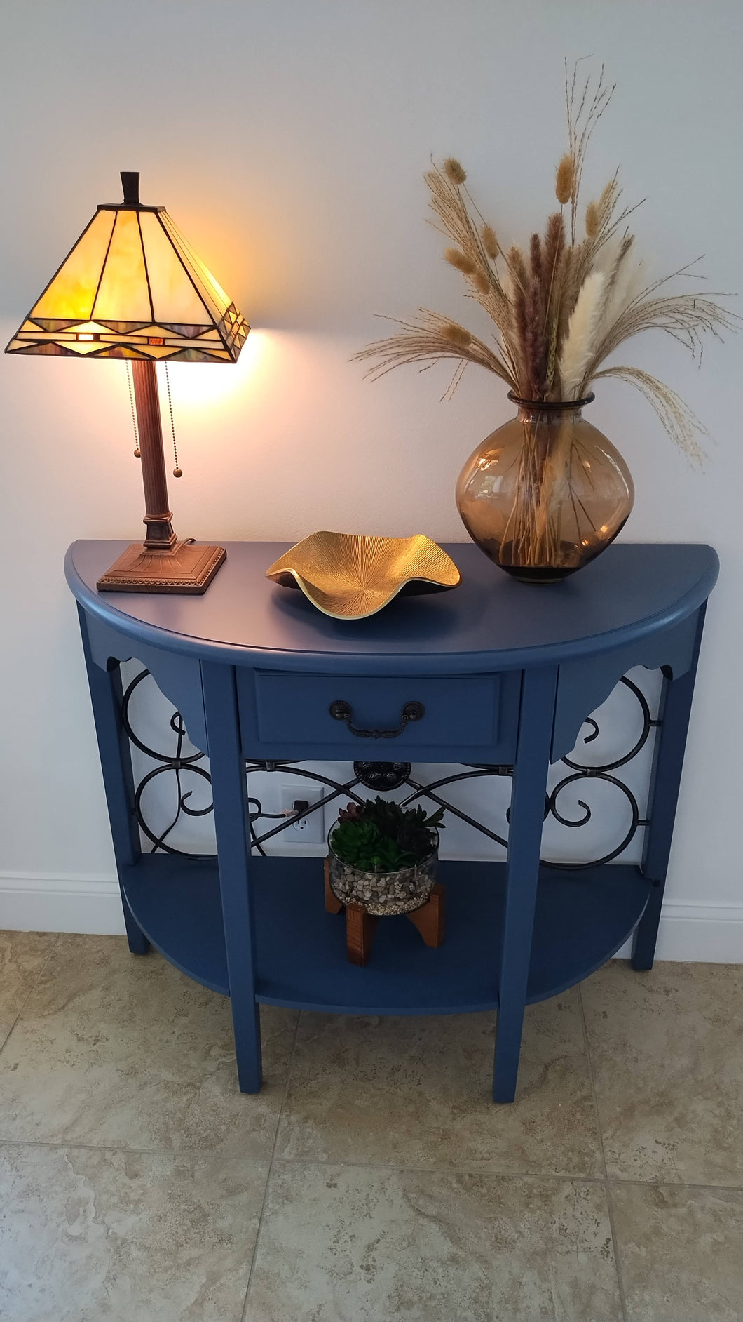 (SOLD) Half Moon Wall Console Table with Drawer - Nautical Blue